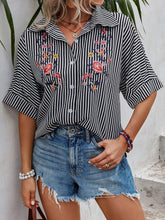 Striped & Floral Embroidery Batwing Sleeve Shirt